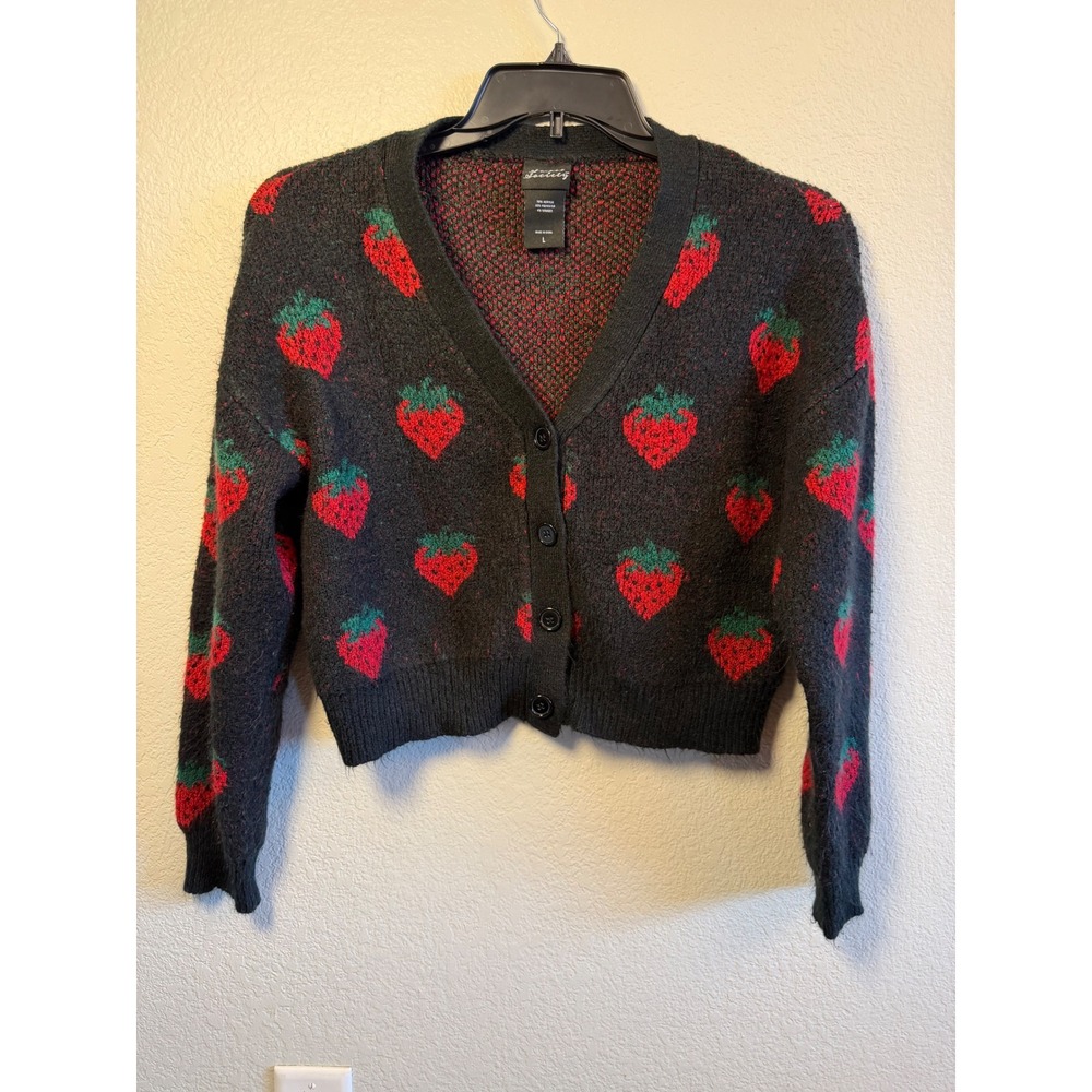 Sweet Society Strawberry Knit Cardigan Black Cropped V-Neck Sweater Large